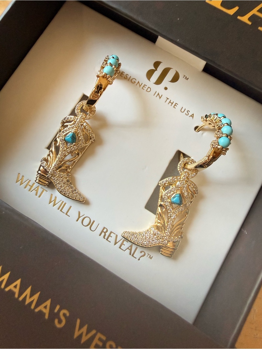 OUTLAW 🤠 Gold Cowboy Boot Hoop Earrings with Turquoise Accents